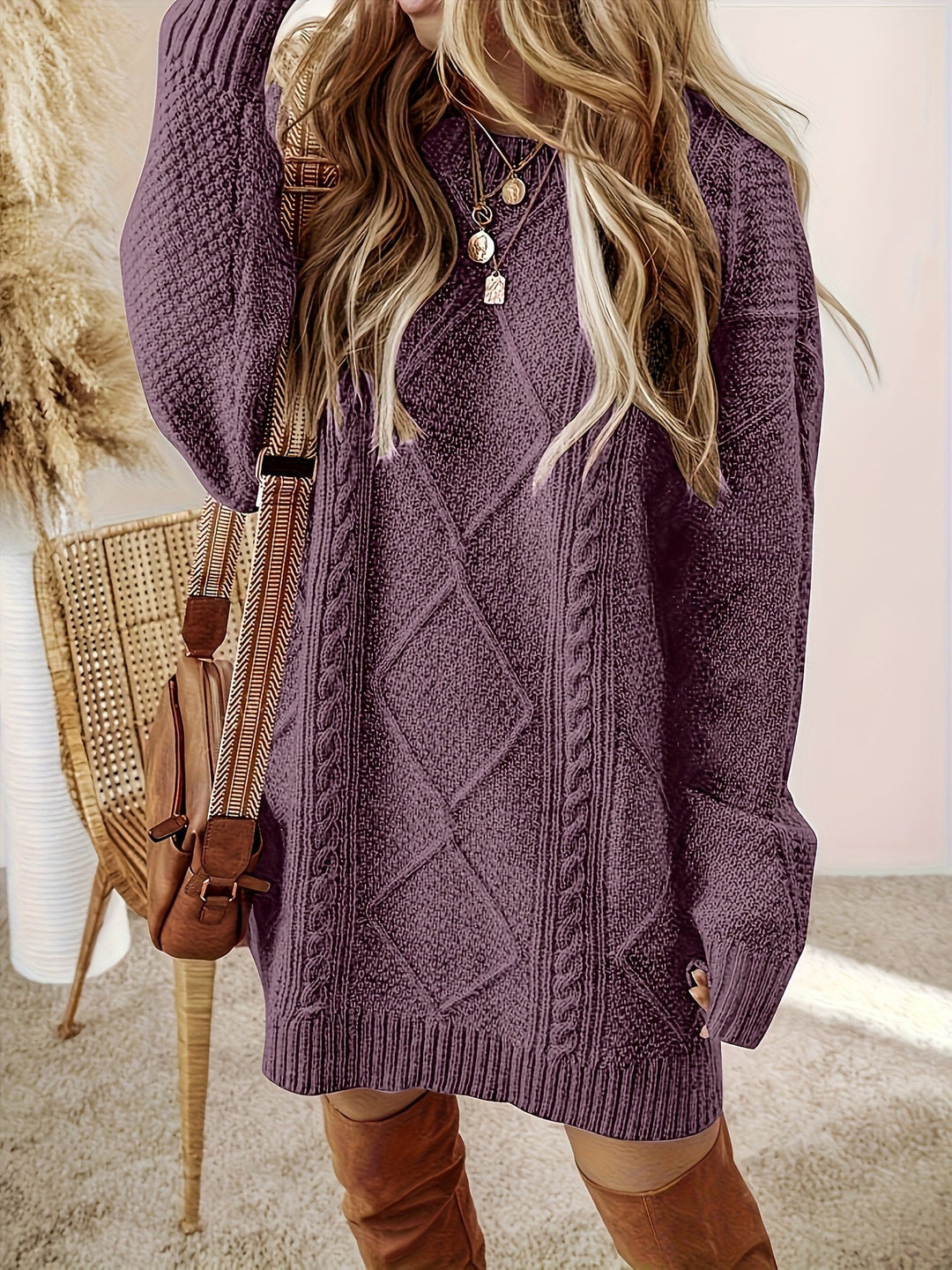 Women's Relaxed-Fit Cable Knit Jumper Dress (4)