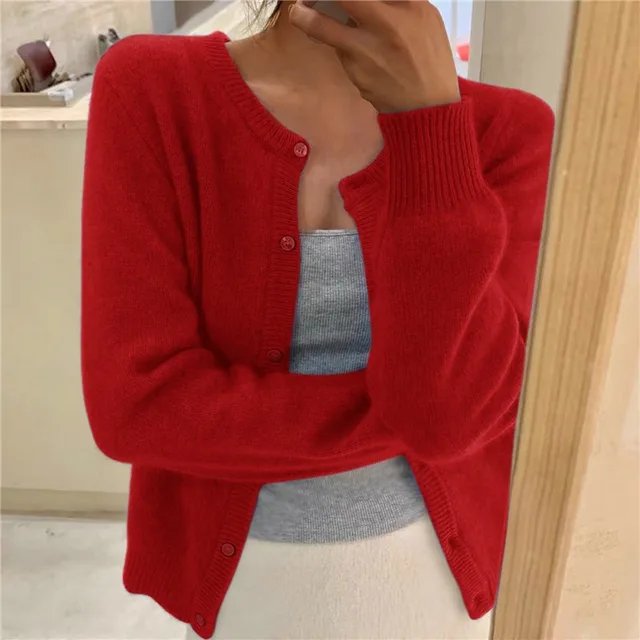 Women's Relaxed Knit Cardigan for Effortless Layering in Red