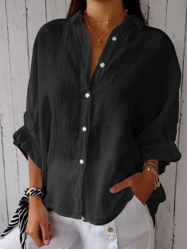Women's Relaxed Linen Blouse for Summer Wear in Black