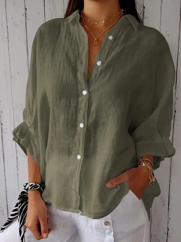 Women's Relaxed Linen Blouse for Summer Wear in Olive green