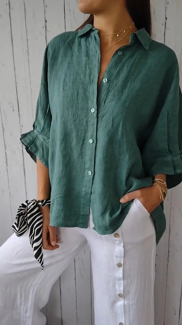 Women's Relaxed Linen Blouse for Summer Wear in Peacock Green