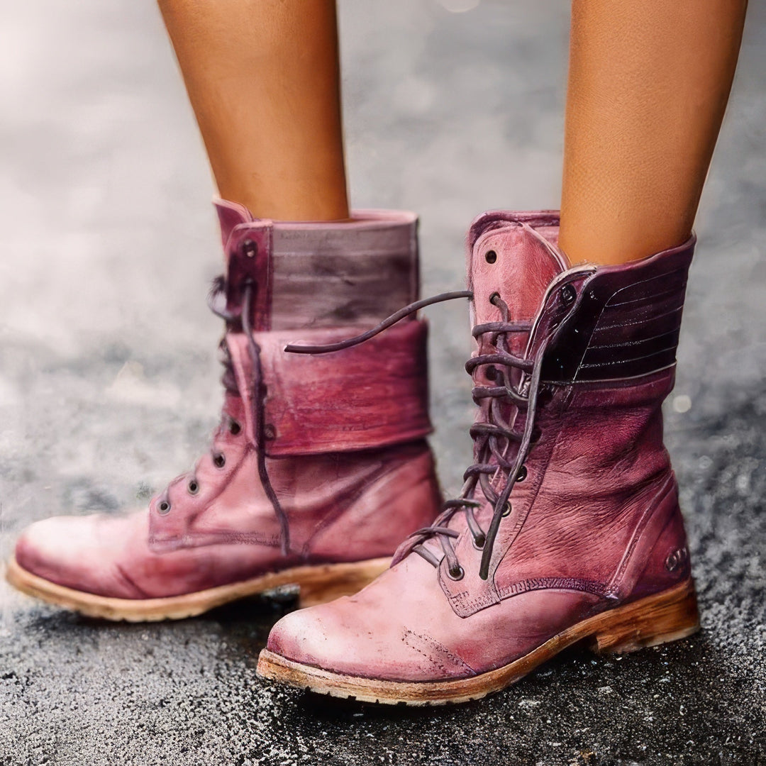 Women's Retro Leather Boots for Winter in Red