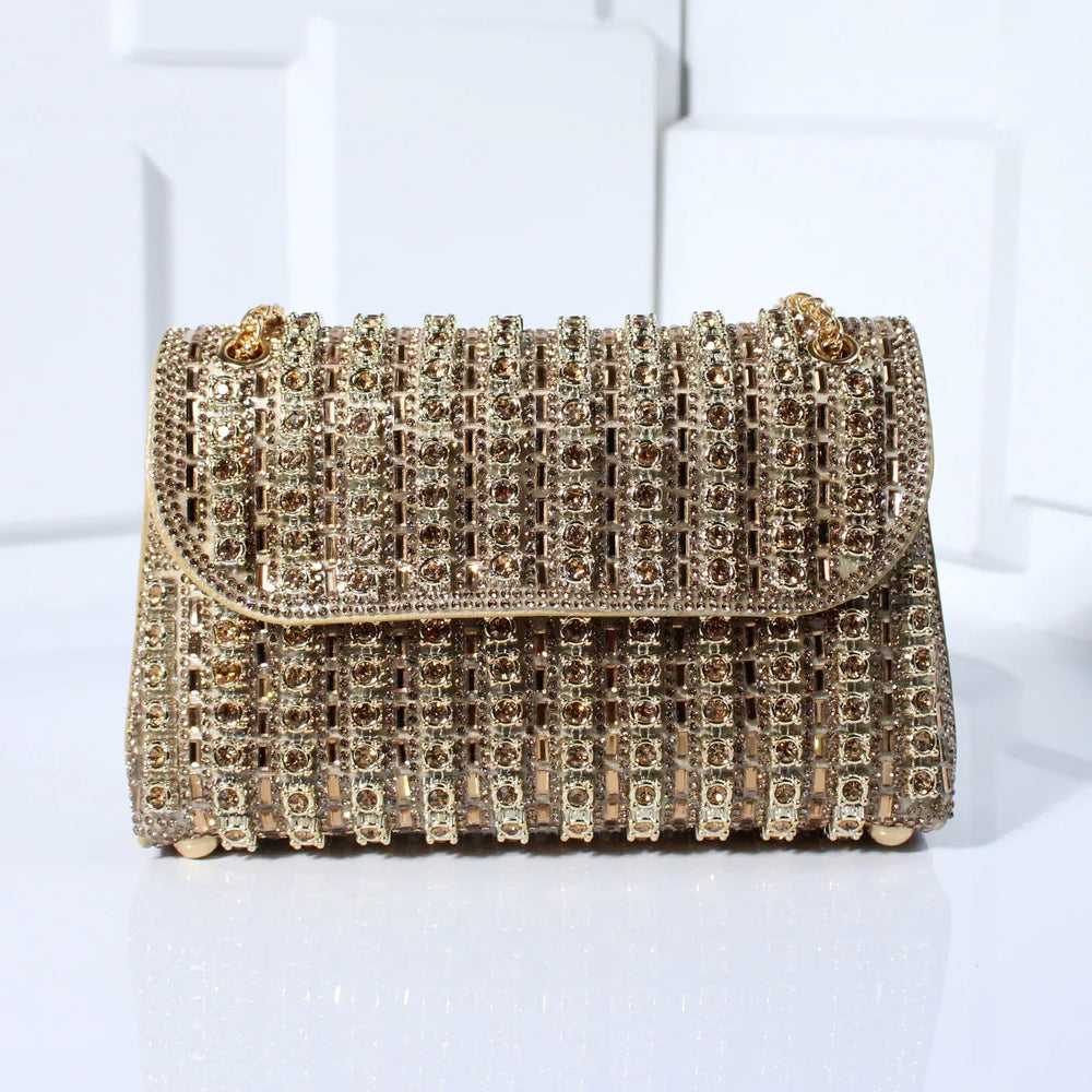 Women's Rhinestone Leather Tote Bag for Evening in Gold-coloured