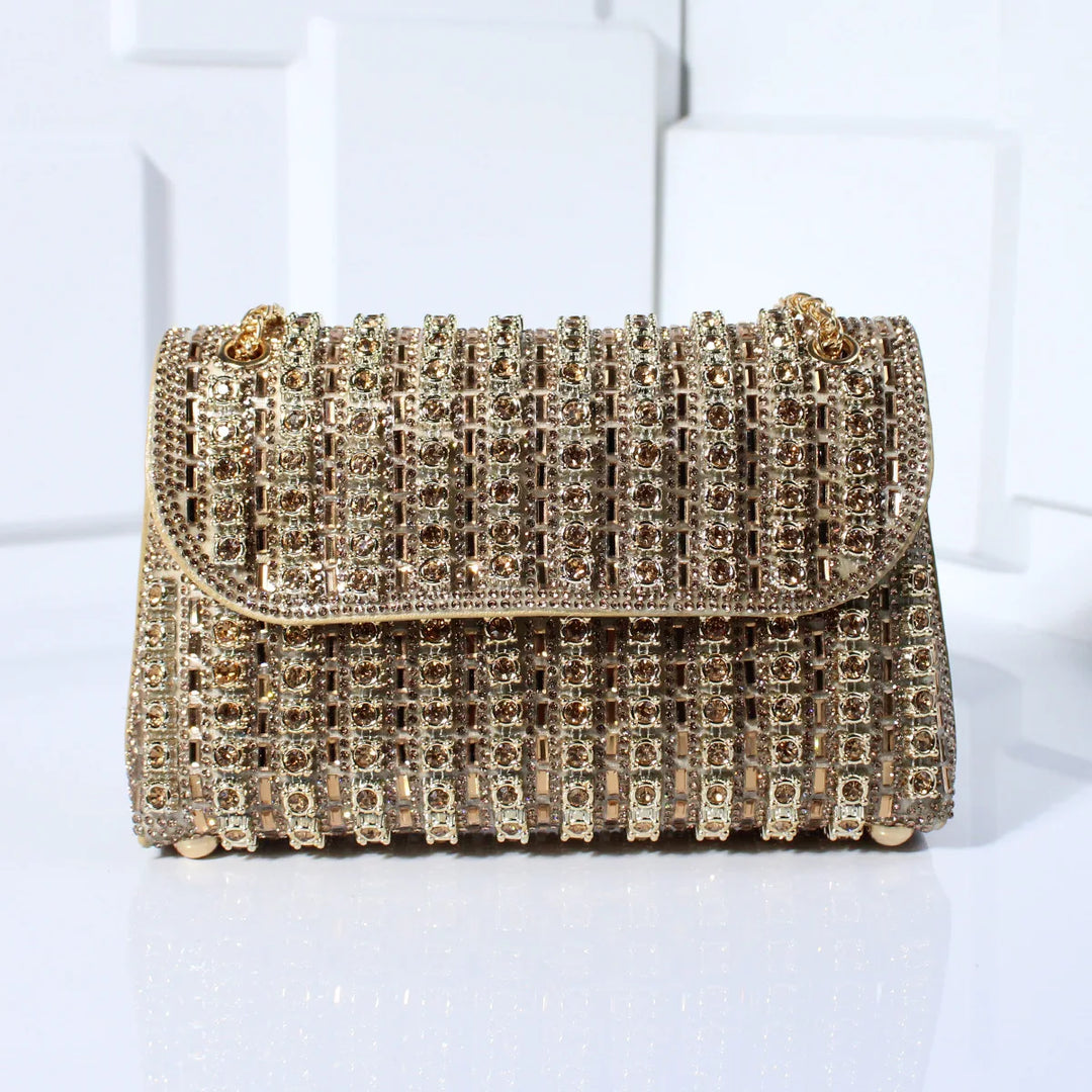 Women's Rhinestone Leather Tote Bag for Evening in Gold-coloured