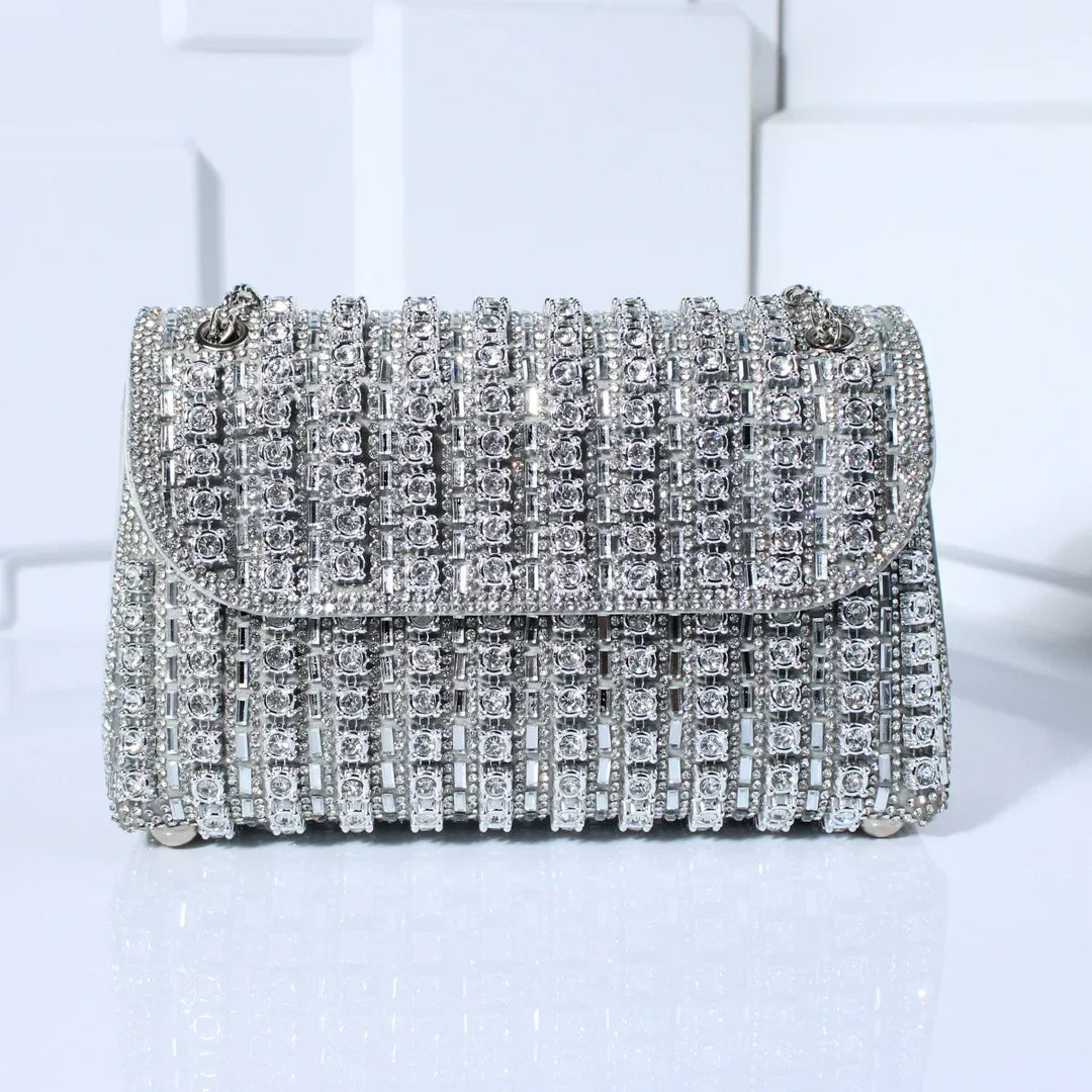 Women's Rhinestone Leather Tote Bag for Evening in Silver-coloured