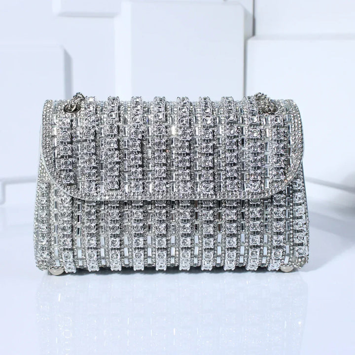 Women's Rhinestone Leather Tote Bag for Evening in Silver-coloured