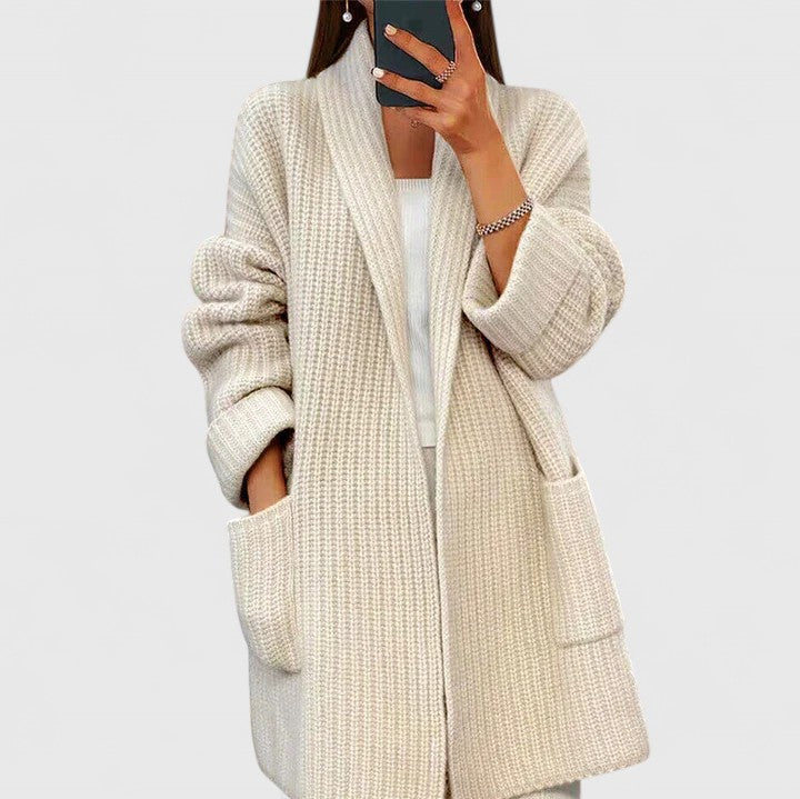 Women's Ribbed Knit Cardigan with Pockets in Beige