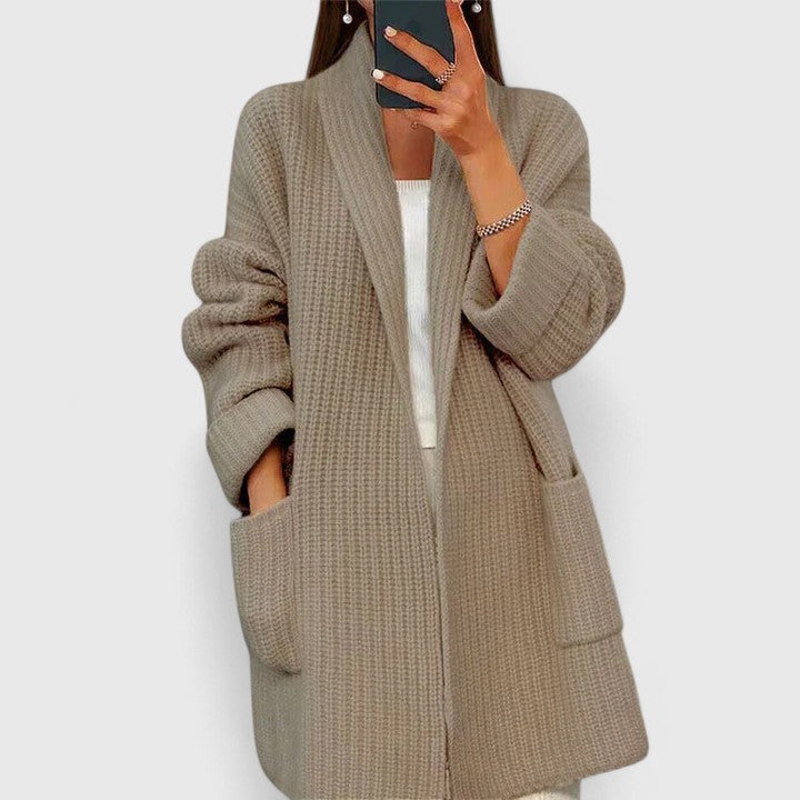 Women's Ribbed Knit Cardigan with Pockets in Brown