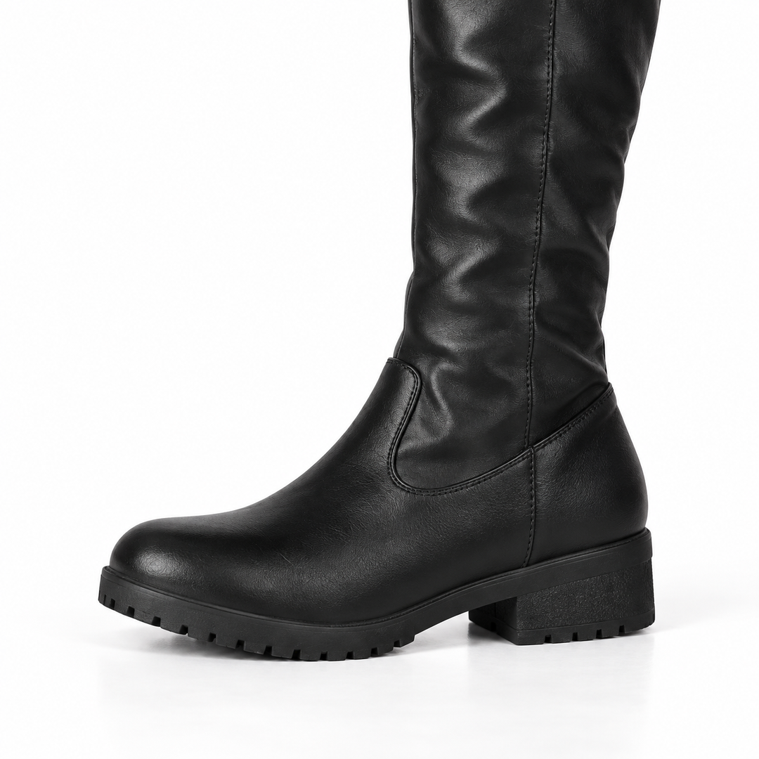 Women's Rounded-Toe Faux Leather Knee High Boots in Black 2