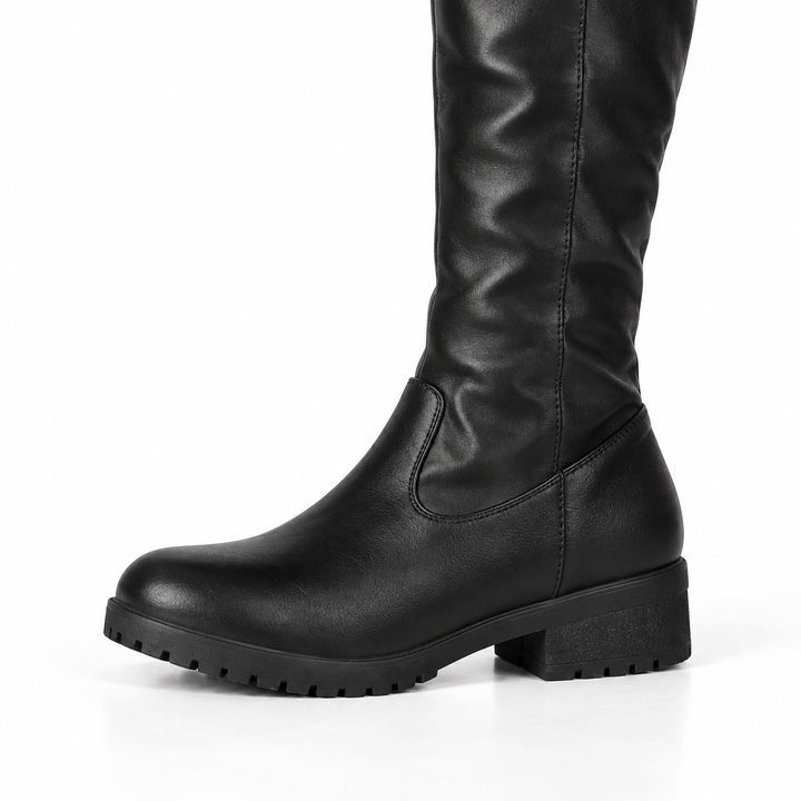 Women's Rounded-Toe Faux Leather Knee High Boots in Black 2