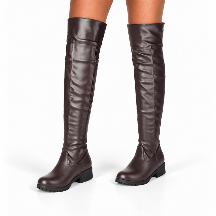 Women's Rounded-Toe Faux Leather Knee High Boots in Dark Brown