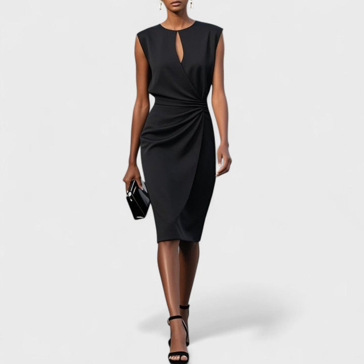 Women's Ruched Sleeveless Midi Dress for Wedding Guests in Black