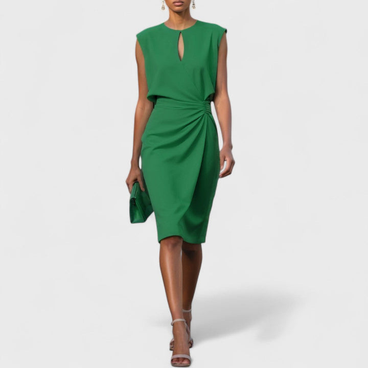 Women's Ruched Sleeveless Midi Dress for Wedding Guests in Green
