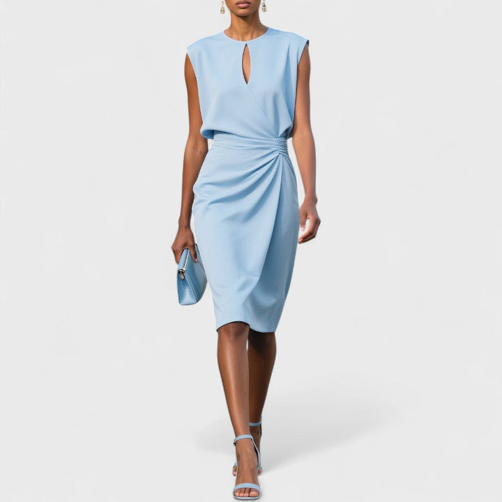 Women's Ruched Sleeveless Midi Dress for Wedding Guests in Sky Blue