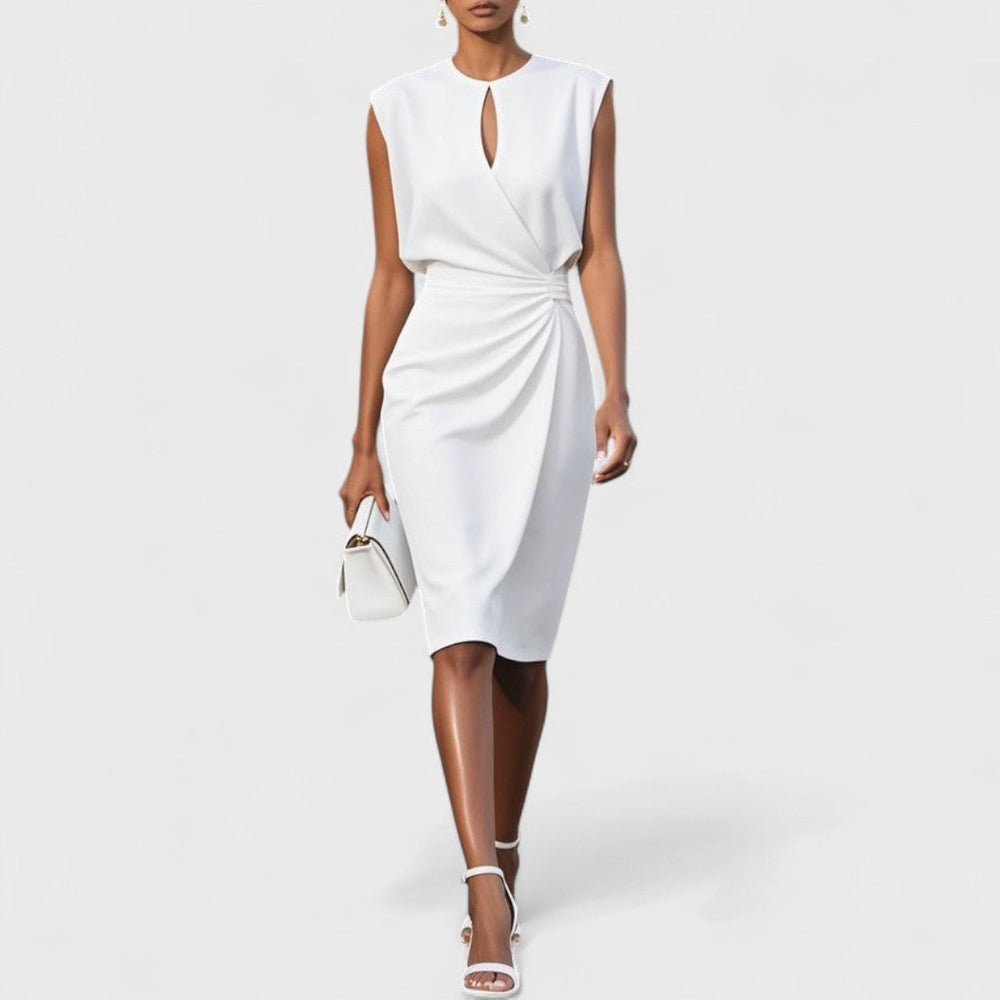 Women's Ruched Sleeveless Midi Dress for Wedding Guests in White