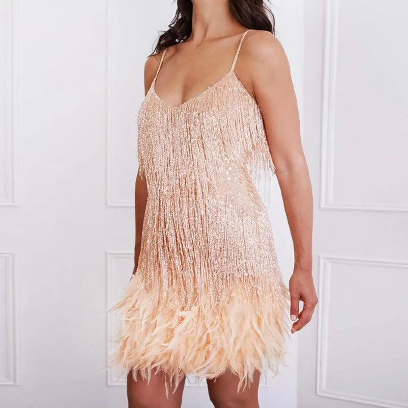 Women's Sequin Christmas Party Dress with Fringe in Beige