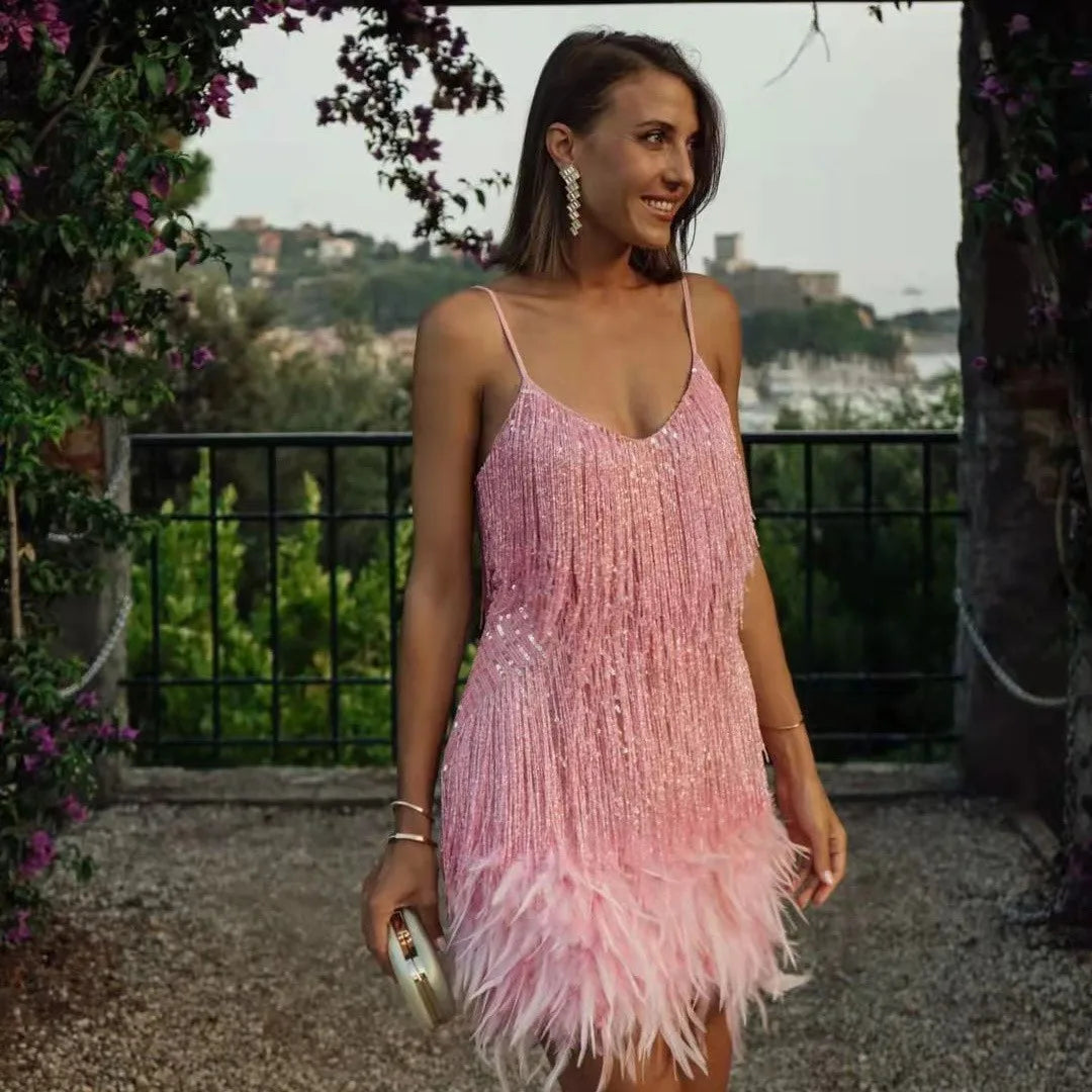 Women's Sequin Christmas Party Dress with Fringe in Light Pink