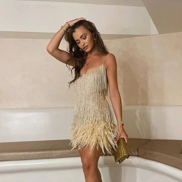Women's Sequin Dress for Evening Celebrations in Beige