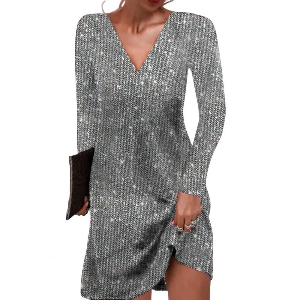 Women's Sequin Dress in Wrap Style in Silbergrau