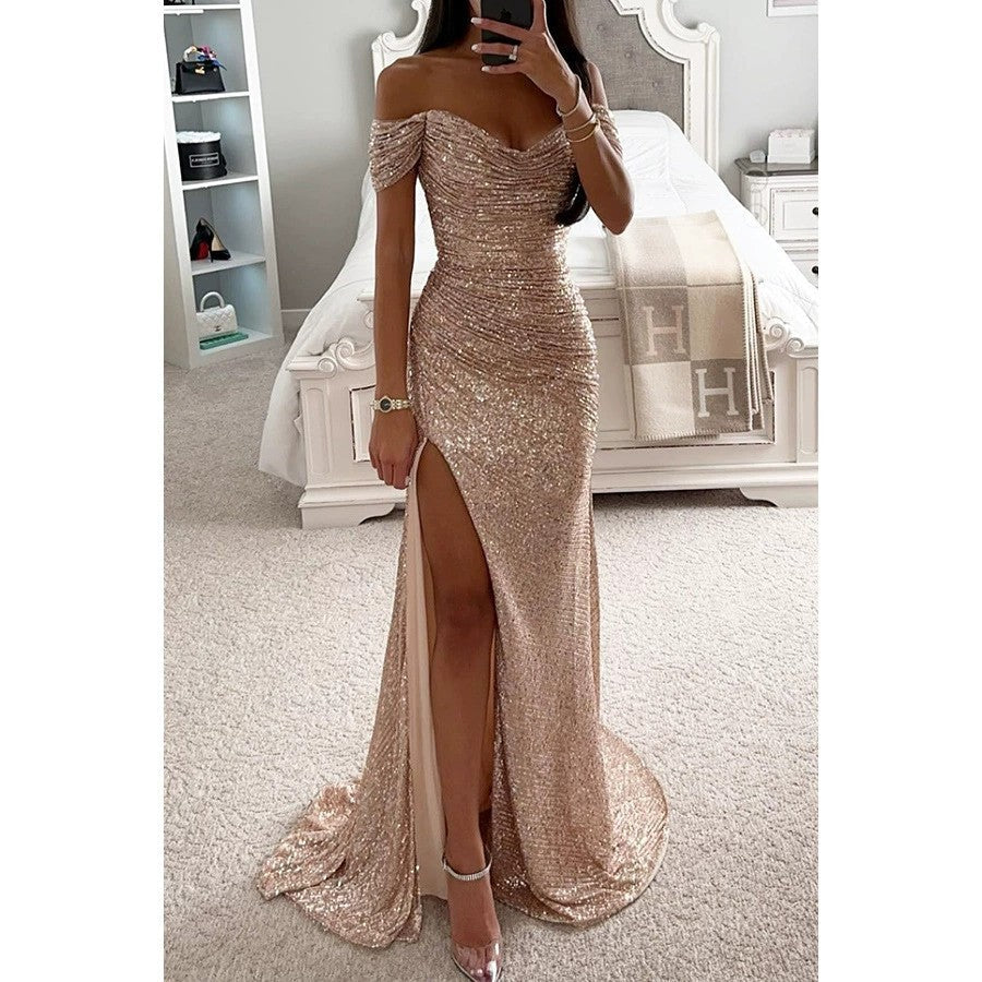 Women's Shimmering Wedding Guest Dress in Beige