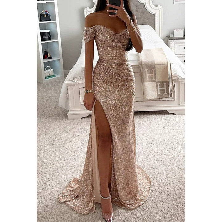 Women's Shimmering Wedding Guest Dress in Beige