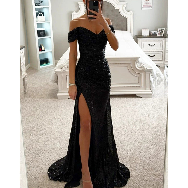 Women's Shimmering Wedding Guest Dress in Black