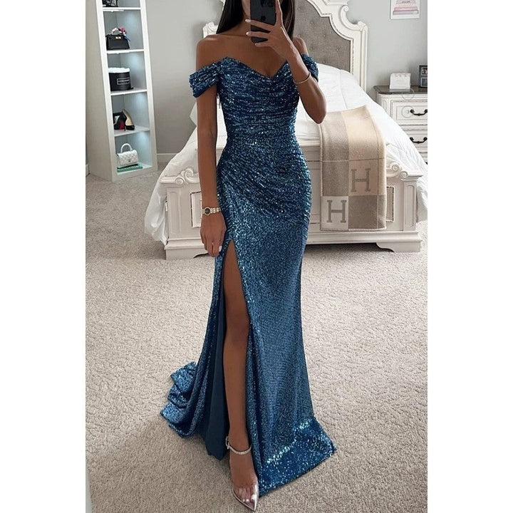 Women's Shimmering Wedding Guest Dress in Peacock Blue