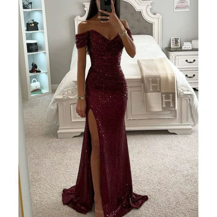 Women's Shimmering Wedding Guest Dress in Wine red