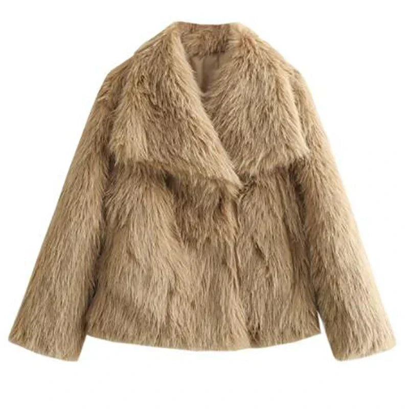 Women's Short Faux Fur Coat for Autumn in Beige