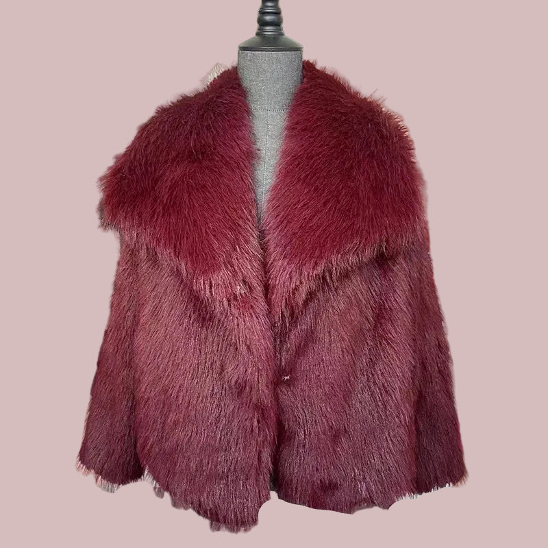 Women's Short Faux Fur Coat for Autumn in Burgundy