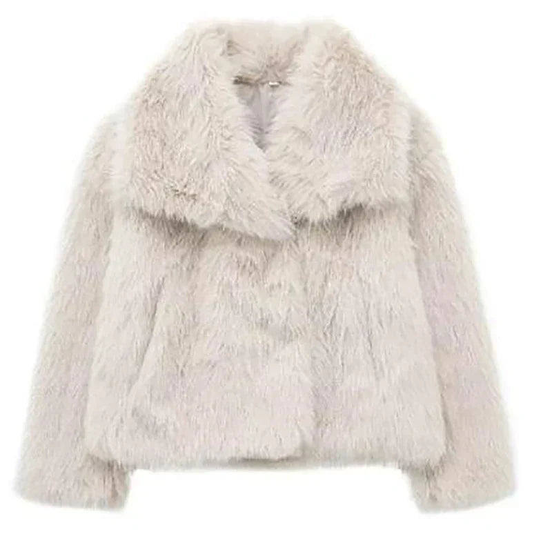 Women's Short Faux Fur Coat for Autumn in Cream