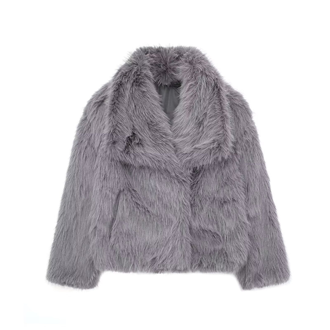 Women's Short Faux Fur Coat for Autumn in Dark Grey