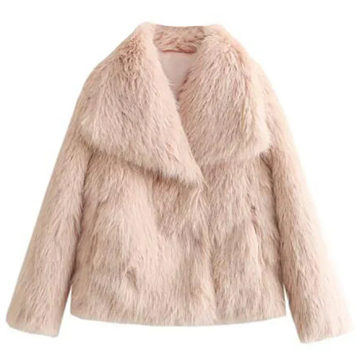 Women's Short Faux Fur Coat for Autumn in Light Pink