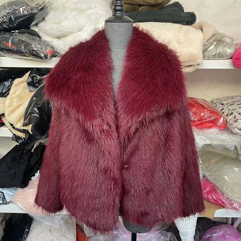 Women's Short Faux Fur Winter Jacket in Burgundy