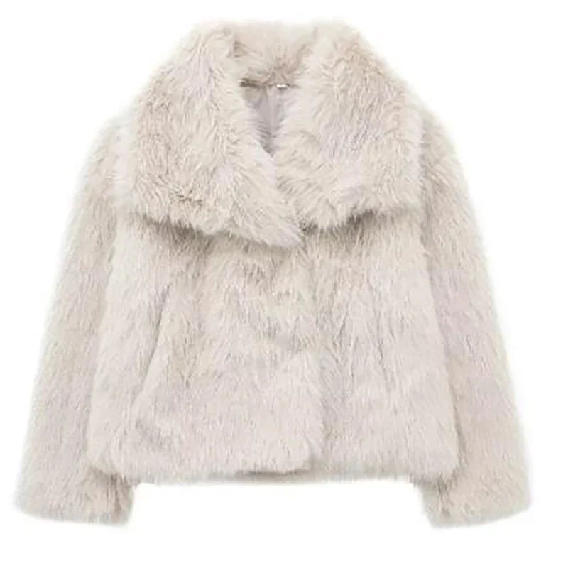 Women's Short Faux Fur Winter Jacket in Cream