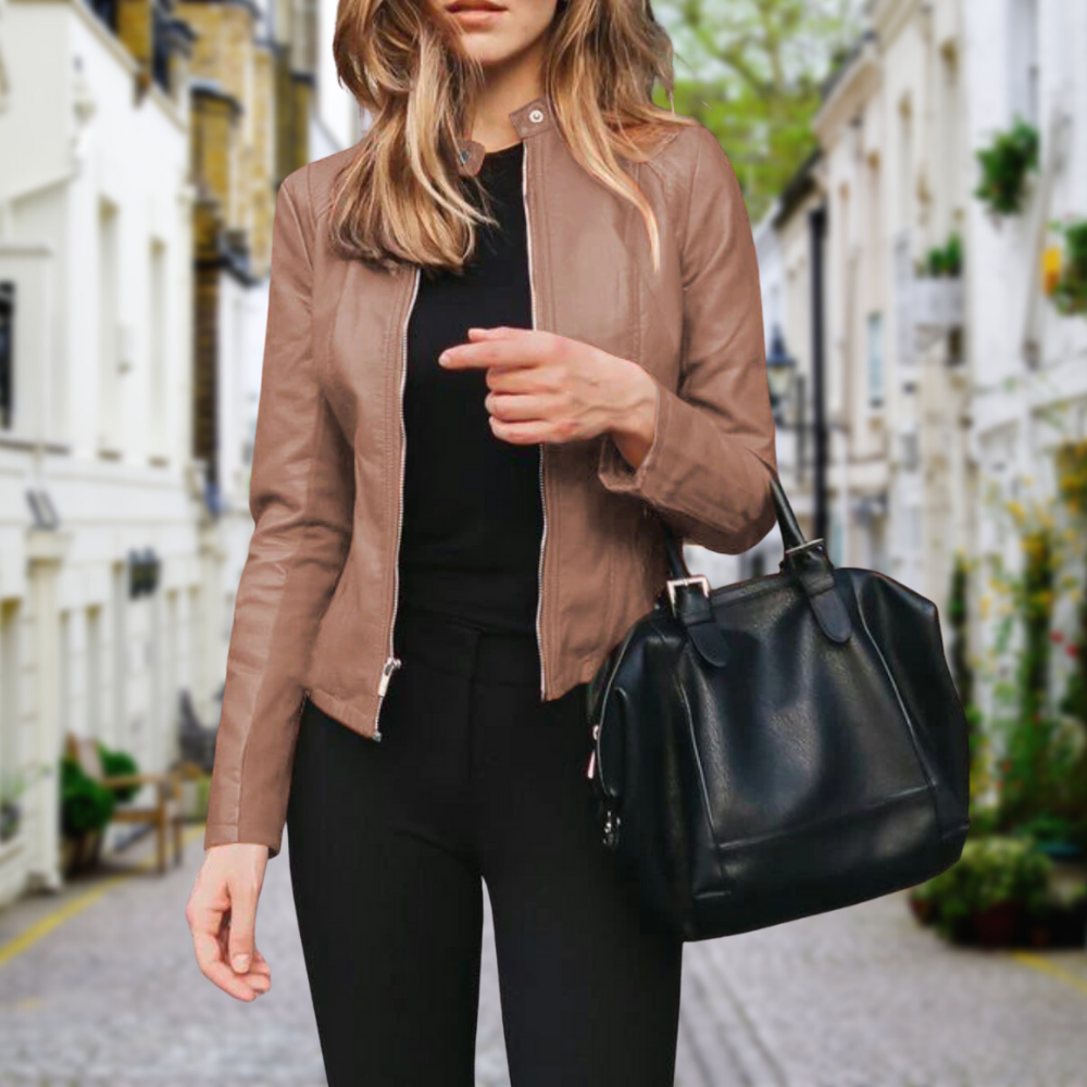 Women's Short Leather Jacket Bomber Style in Beige