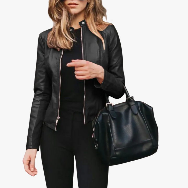 Women's Short Leather Jacket Bomber Style in Black