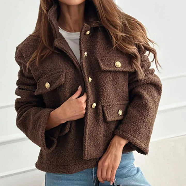 Women's Short Winter Wool Coat with Structured Fit in Brown