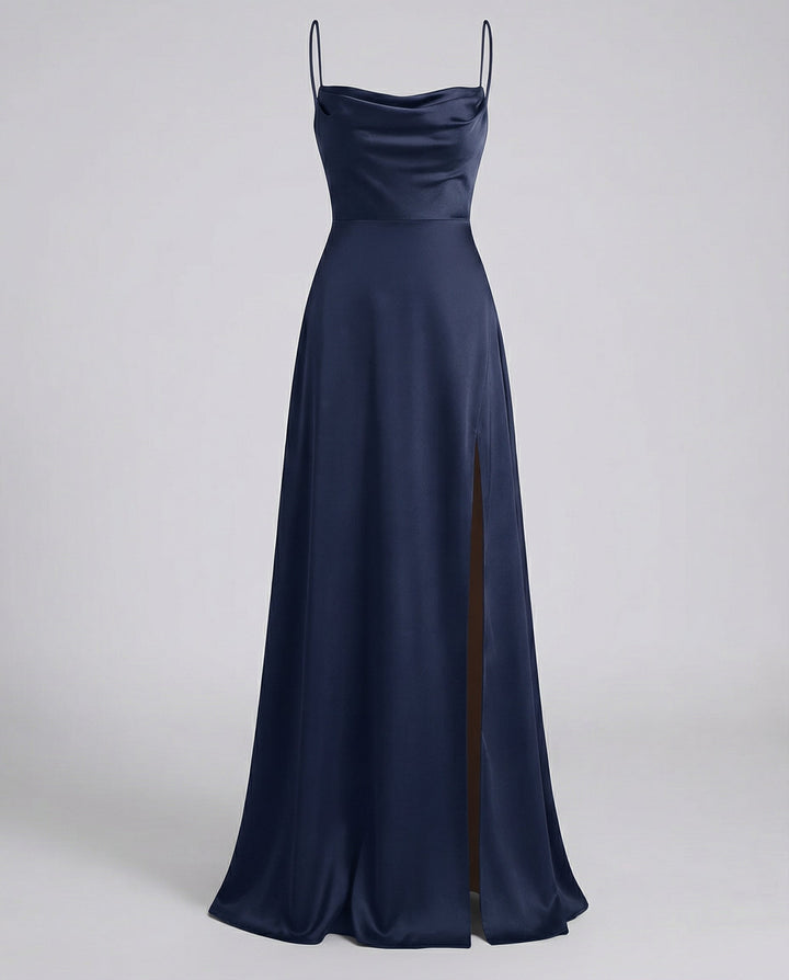 Women's Silk Maxi Dress for Wedding Guests in Dark Blue