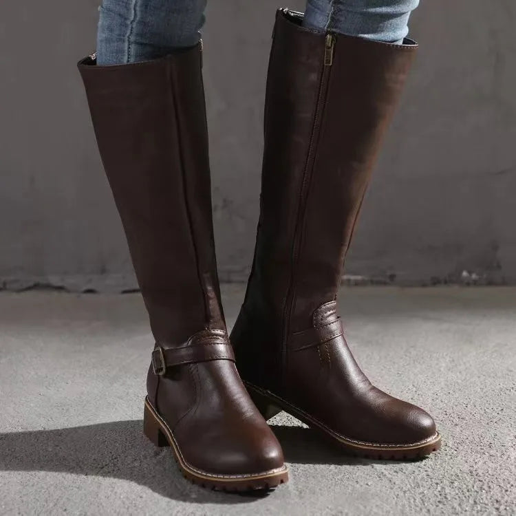 Women's Sleek Leather Knee High Boots in DarkBrown
