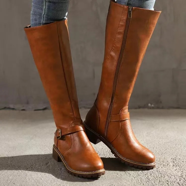 Women's Sleek Leather Knee High Boots in Light Brown