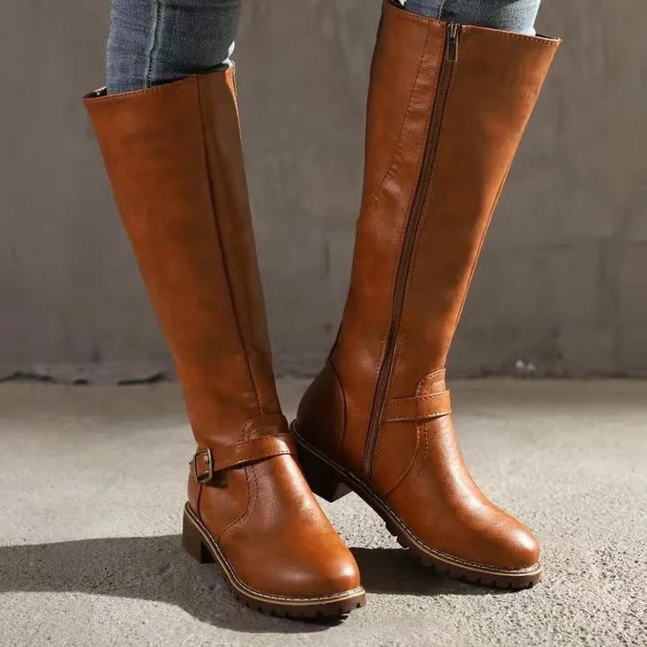 Women's Sleek Leather Knee High Boots in Light Brown