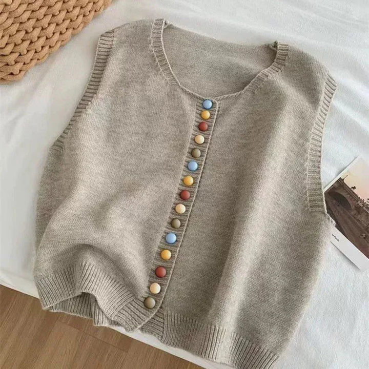 Women's Sleeveless Knit Vest with Buttons in Aprikose