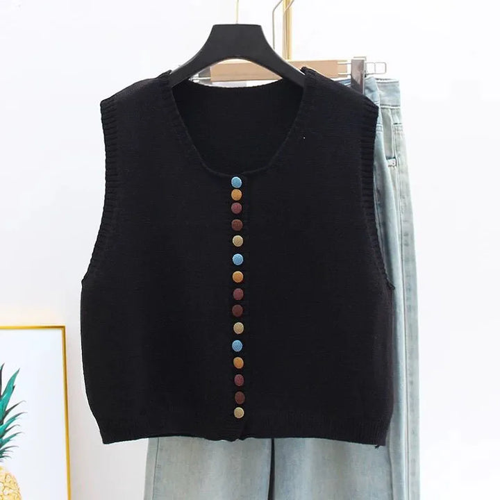Women's Sleeveless Knit Vest with Buttons in Black