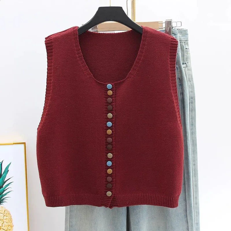 Women's Sleeveless Knit Vest with Buttons in Burgundy