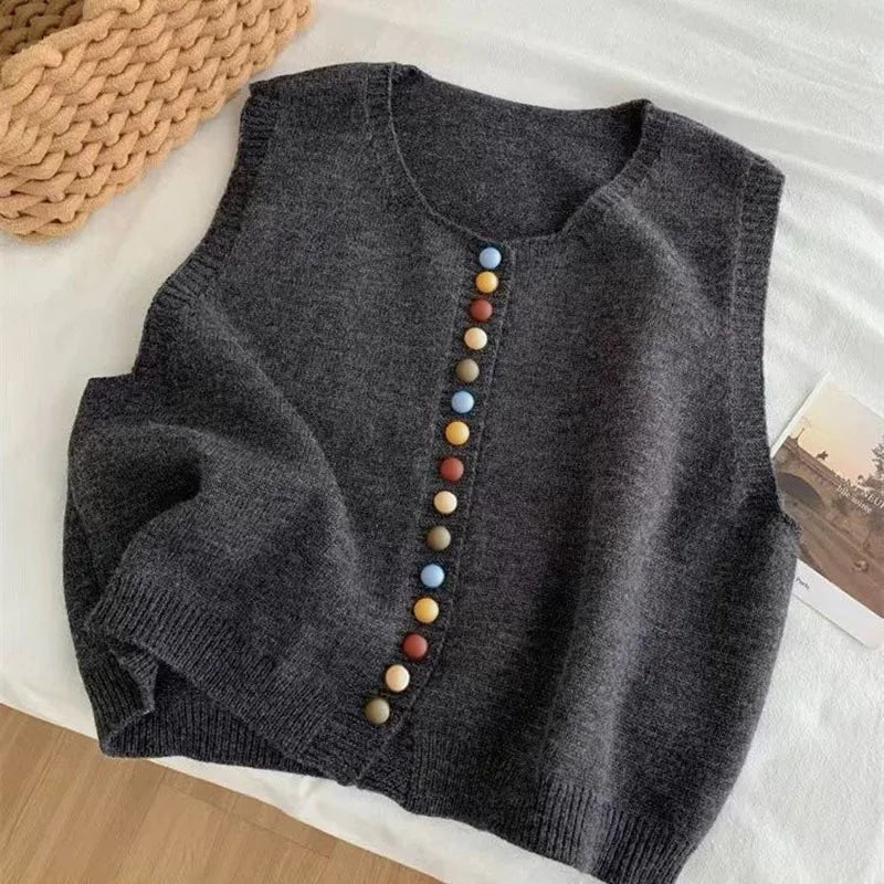 Women's Sleeveless Knit Vest with Buttons in Grey
