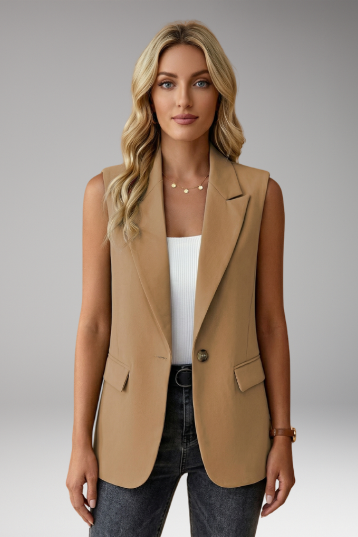 Women's Sleeveless Structured Tailored Blazer in Khaki