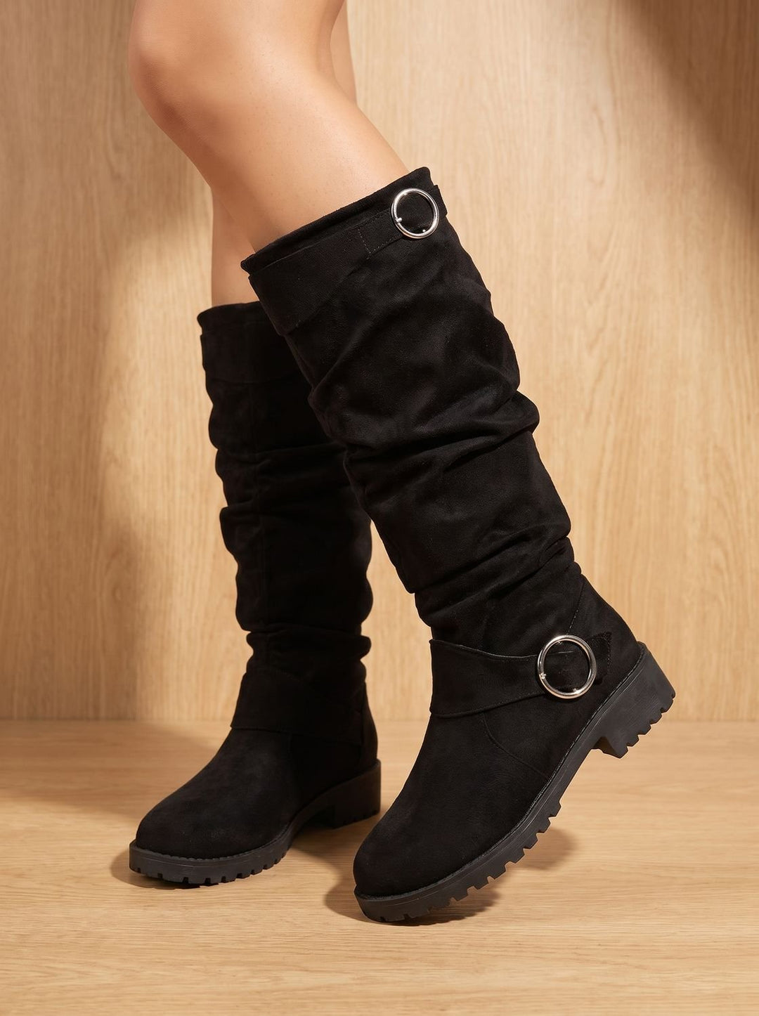 Women's Slouchy Suede Knee-High Block Heel Boots in Black