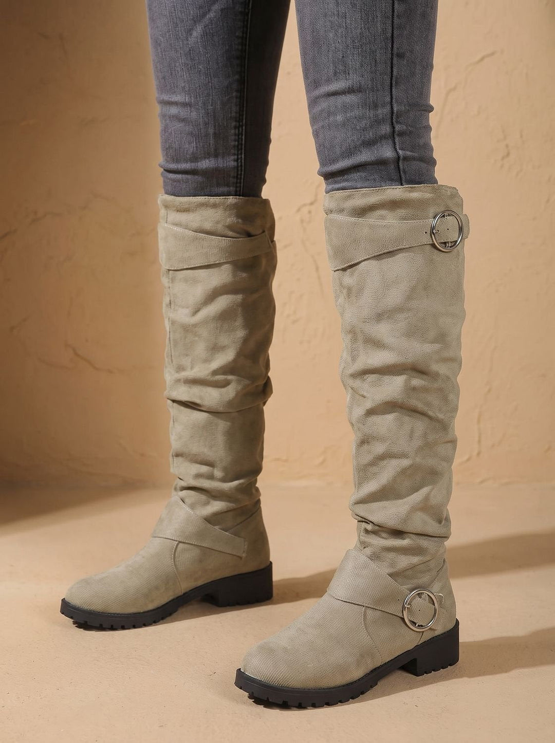 Women's Slouchy Suede Knee-High Block Heel Boots in Khaki