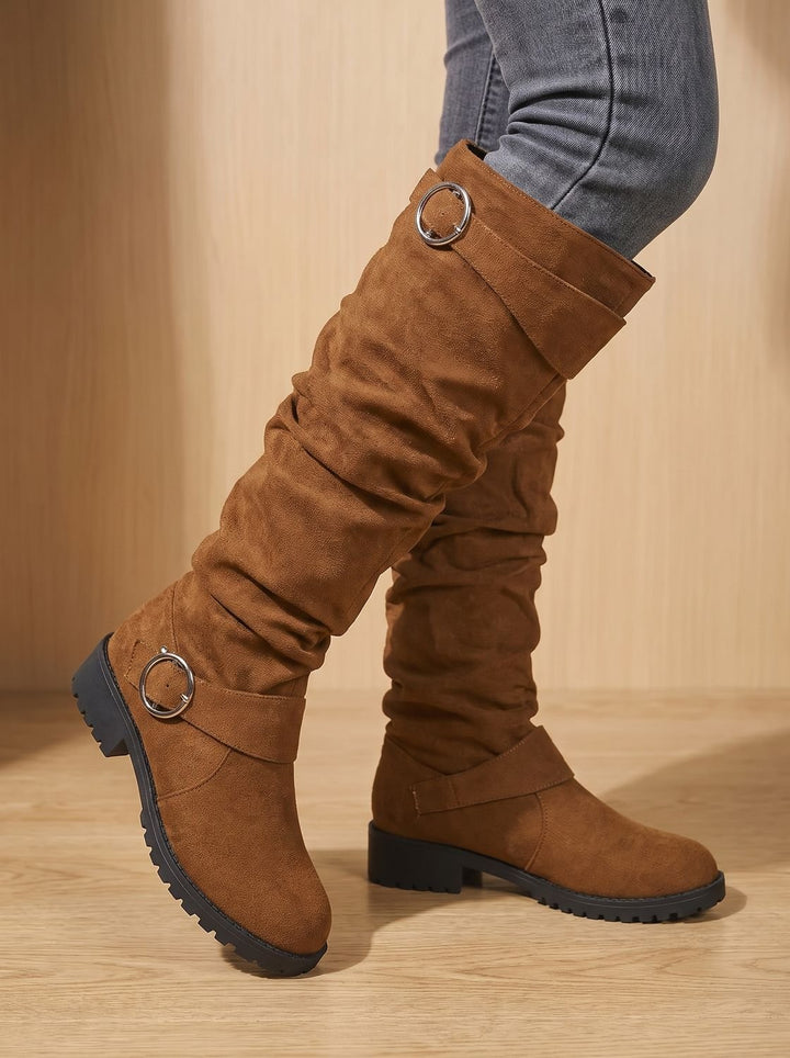 Women's Slouchy Suede Knee-High Block Heel Boots in Lichtbruin